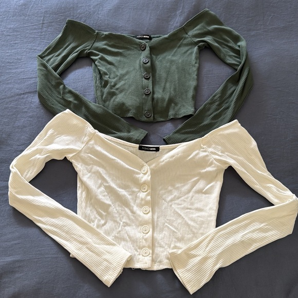 Off-Shoulder Button-Up Women Tops - Green and Cream - Picture 1 of 4